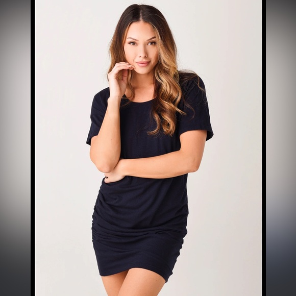 SUNDRY ANTHROPOLOGIE Black Ruched Short Sleeve
Cotton Shirt Dress - Picture 3 of 9